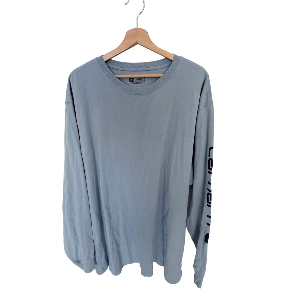 Carhartt Mens 2XL Loose Fit Long Sleeve Graphic Logo T-Shirt Light Blue